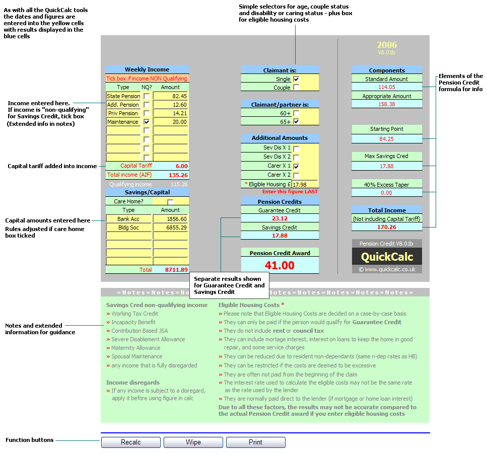 Screenshot showing QuickCalc tools