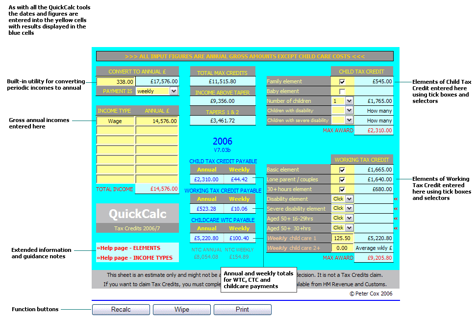Screenshot showing QuickCalc tools